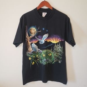 VTG 90s David Gardner Owls Nature Print Hidden Eyes Art T Shirt